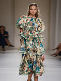 Retro Idyllic Cake Dress 2025 Summer New Multi-Layer Lotus Leaf Side Bubble Sleeve Print Dress Dress Woman