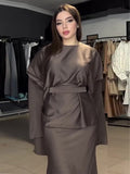 2024 New Round-Neck Long-Sleeved Dress Bat Sleeve With Waist-Hanging-Sense-Sensed-Sense-Sensed Set