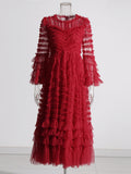 Retro Style Personality 2025 Summer New Round Collar Long Horn Sleeve Wood Ear Mesh Mesh Stitching Dress