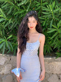 Mengling With A Sweet Blue Checkerge Dress 2025 Retro Square Collar Sexy Body Dress