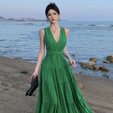 V-Necked With Hanging Neck Dress Female Seaside Holiday Sexy Bare Back Open Fork Showing Lean Long Skirt