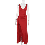 Autumn 2025 New Style Temperament Sexy Body Mole Side Deep V Open Skirt Dress Woman DJPT
