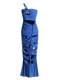 Style Sexy Shoulder Niche Hollow Folds Design 2025 Summer New Solid Color Long Dress