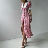 Women's Summer Printing Dolls To Receive Waist Thin Temperament Bubble Sleeve Dress