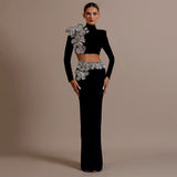Fashion Diamond-Staggered Bandage Skirt Set Long Sleeve Half-Necked Short Blouse Dress Two-Sleeve Woman