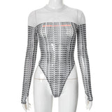 Letter Printing Round Collar Long Sleeve Perspective Repair Sexy Dressing DJPT