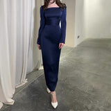 2024 New Women's High-End Slim Temperament Showing Lean Long Sleeves Pure Color Evening Dress Dress