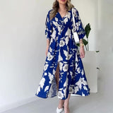 Women's Summer V-Necked Print Skirt High Waist-Comfort Temperament Open-Broken Flower Dress