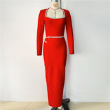 Elegant Square-Necked Long-Sleeved Diamond-Stwined Dress With Long Bag-Hope Party Party Evening Dress