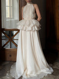 High-End Famous Wind Long Lotus Leaf Dress 2025 New Women's Sleeveless Straight Collar Solid Dress