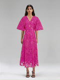 2025 Spring New V-Neck Bubble Sleeve Hollow Solid Color Dress Dress Woman