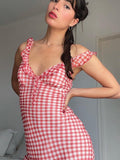 Vintage Sweet Red Lattice Dress Female Deep V Collar Sexy Bare Back Sling Long Skirt