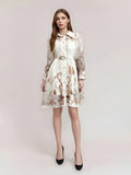 Spread Floral Retro Print Skirt 2025 New Collar Long-Sleeved Belt Design Dress Women's Summer