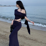 Sexy Seaside Travel Holiday Wind Inclined Shoulder Tightbage Bag Hip Fishtail Skirt Two Sets Early Autumn Wear