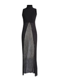 Women's Clothing 2025 Spring Personality Standing Sleeveless Open Forked Perspective Knitting Sexy Long Top