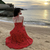 Dress Red Long V-Neck Hanging Neck Sling Dress Female Summer French Temperament Party Dress