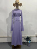 Summer New Fashion Temperament Breathable Waist-Watery Pure-Color Long-Sleeved Dress