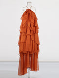 Holiday Wind Beach Beach Sling Skirt 2025 Summer New Hanging Neck Sleeveless Leaves Side Solid Dress