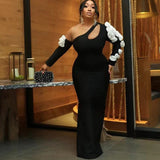 Hollow Oblique Shoulder Three-Dimensional Flower Long Sleeve Banded Dress Party Dinner Dress Dress
