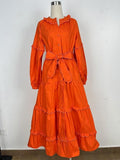 Tide Brand 2025 Spring Round Collar Lotus Lantern Sleeve Strap To Close The Waist Orange Red Dress Dress Dress