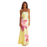 Women's Autumn And Winter Smear Chest Hollow Back Iron Mouth Flower Print Dress DJPT