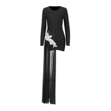 Famous Wind 2025 Summer New Round Collar Long Sleeve Black Diamond Tug Tug Pure Color Dress