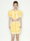Niche Spliced Rose Flower Set Women's Clothing 2025 New Bubble Sleeve Top High Waist Half Skirt