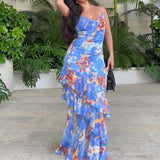 Women's Summer Sling V Tie Floral Skirt High Waist Slim Thin Lotus Leaf Dress