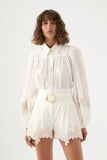 Australian Vintage Lantern Sleeve Flower Embroidered White Shirt + High-Rise Thin Belt Shorts Set