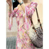 Holiday Fairy Pink Broken Flower Dress Design Feeling Lotus Leaf Side Flowing Long Dress 2024 New Model