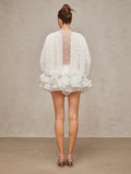Famous Party Dress 2025 Summer New Deep V-Neck Long-Sleeved Lotus Leaf Side Solid Color Lace Dress
