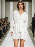 Elegant Fashion Women's Clothing Spring 2025 New V-Shaped Collar Horn Long Sleeve High-Waisted Belt Short Skirt