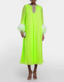 2024 New Round-Neck Heavy Industry Nail Nails And Fur Folding Process Horn Sleeve Long Dress