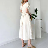 Women's Summer French V-Neck Bubble Bubble Sleeve High Waist Open Temperament With Long Dress