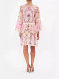 Niche Silk Silky Retro Court Print V Collar Horn Sleeves Loose Waist Small Flowing Dress