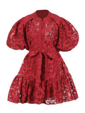Round-Neck Dress 2025 New T-Bubble Sleeve Single-Button Vacation Leisure Belt With Sling Dress