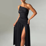Sling Slanted Shoulder Folding Fork A Swing Dress 2025 Summer New Body Dress Dress DJPT