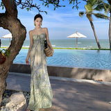 Sling Dress Women's Summer Mesh Printing Temperament Is Skinny Seaside Holiday Dress Dress