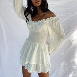 Decoration Shoulder-To-Shoulder Collar Long-Sleeved Dress Waist New High-End Elastic Lantern Sleeve Trousers Woman