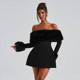 Women's Autumn And Winter One-Word Shoulder Hair Collar Sexy Hot Girl A Short Skirt DJPT