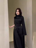 2024 New Court Feng Sleeve Dress With Half-High Collar Long-Sleeved Dress