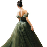 Evening Dress 2025 Summer New Green One-Word Shoulder Fairy Masturity Host Dress