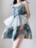 Ball Gown Spaghetti Straps Blue Satin Floral Holiday Dress Birthday Dresses Birthday Outfits SD1238