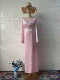 Square Collar Splicing Folded Silk Light Sweet Solid Color Horn Sleeve Bag Hip Dress