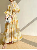 Niche 2024 Spring New Round-Neck Lantern Sleeve Top With Rubber Ribs Waist Dress Printed Fashion Set