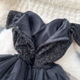 A line Off The Shoulder Tulle Short Sleeves Black Tulle Holiday Dresses Ruffles Women Dress SD1269
