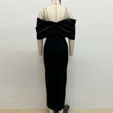Design-Sense Bow-Tendered One-Word Collared Shoulder-Banded Dress Party Dress