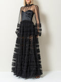 Elegant Style Dress 2025 Summer New Fashion Round-Collar Mesh Splicing High-End Perspective Cake Skirt