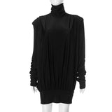 Women's Autumn And Winter High-Collar Pad Shoulders Loose Multi-Fold Sexy Back Short Skirt DJPT