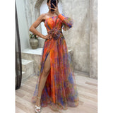 New Party Mesh Slanted Shoulder Dress INS Casual Fashion Dress Women HZ0628